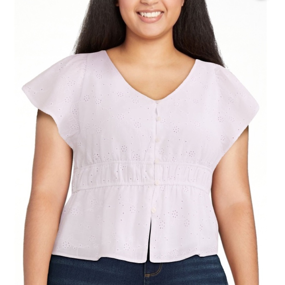 NWT Time & Tru White Eyelet Button-Front Peplum Top XL - Picture 2 of 13